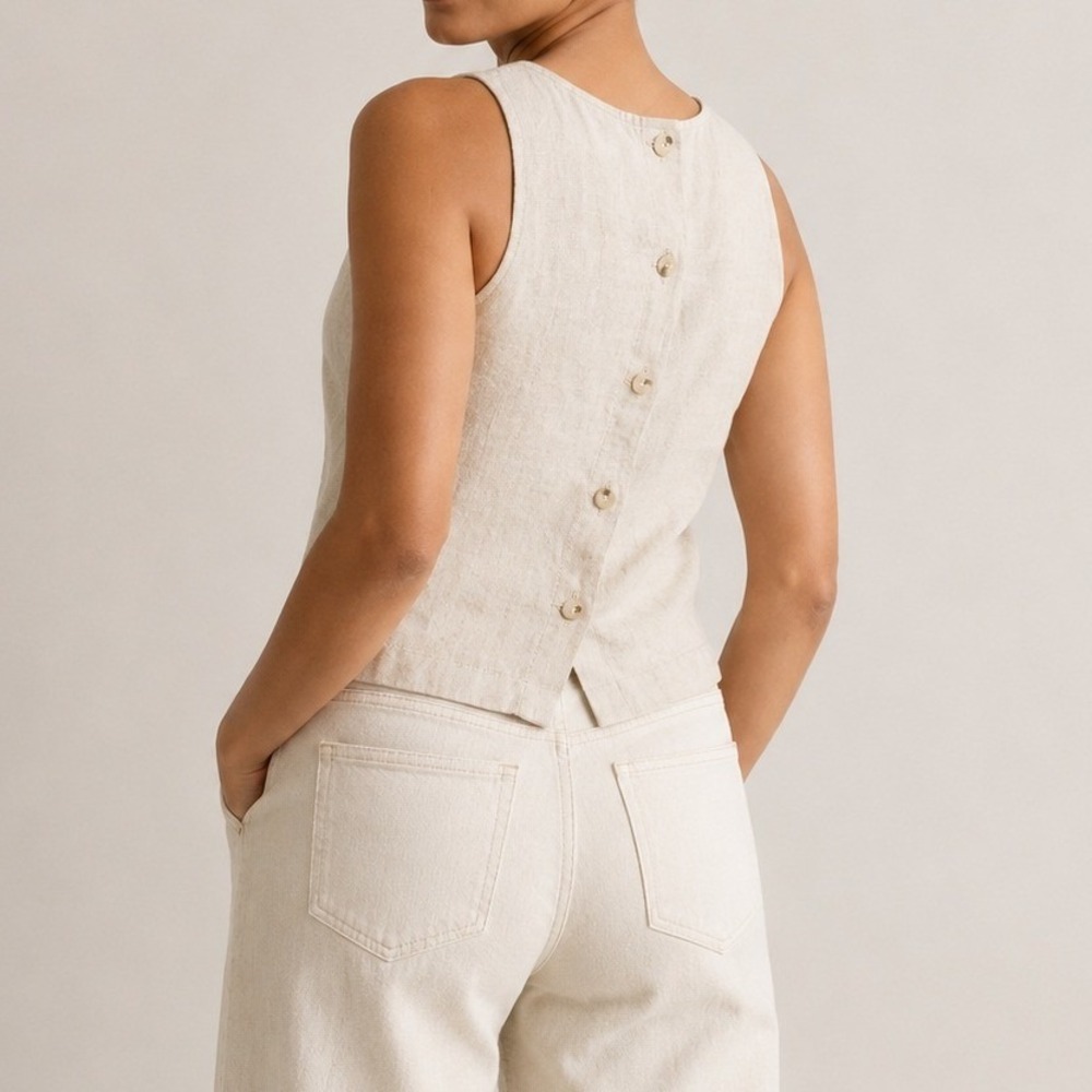 Quince 100% European Linen Cropped Tank Button Back Luxe Resort Trip Flax M NWOT